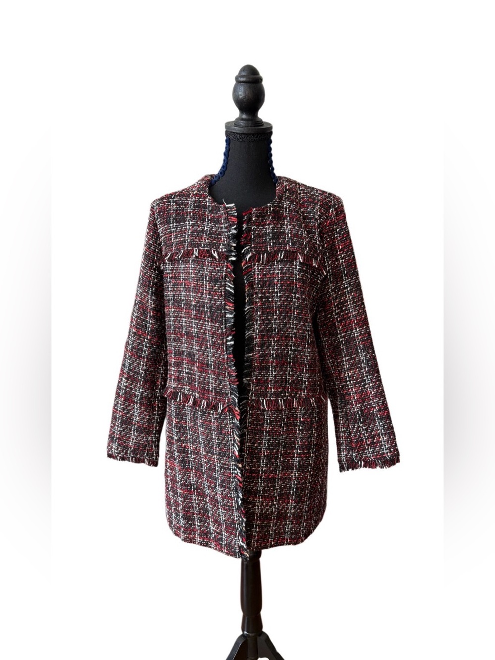 Rafaella Burgundy Multi Tweed Fringe Open-Front Jacket